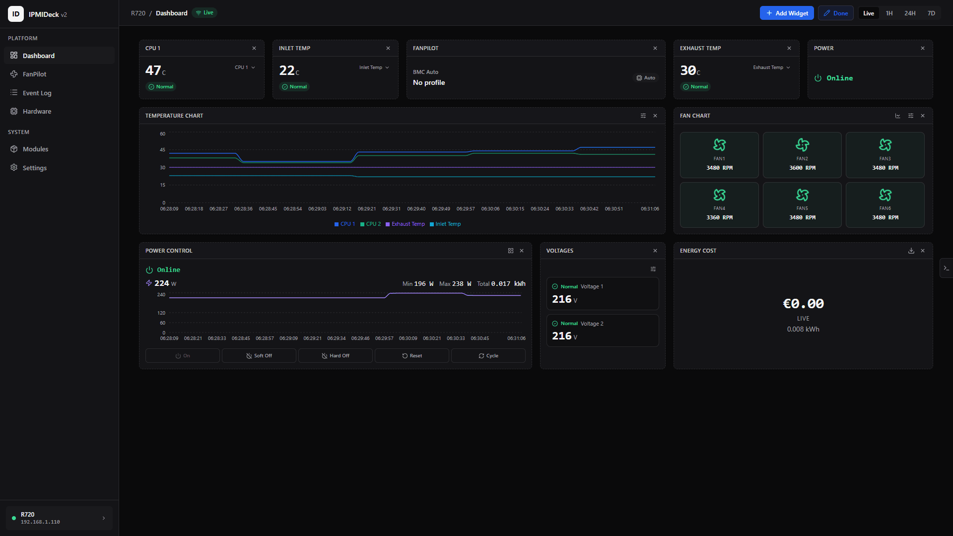 ipmideck dashboard showing live sensors and fan control for a server