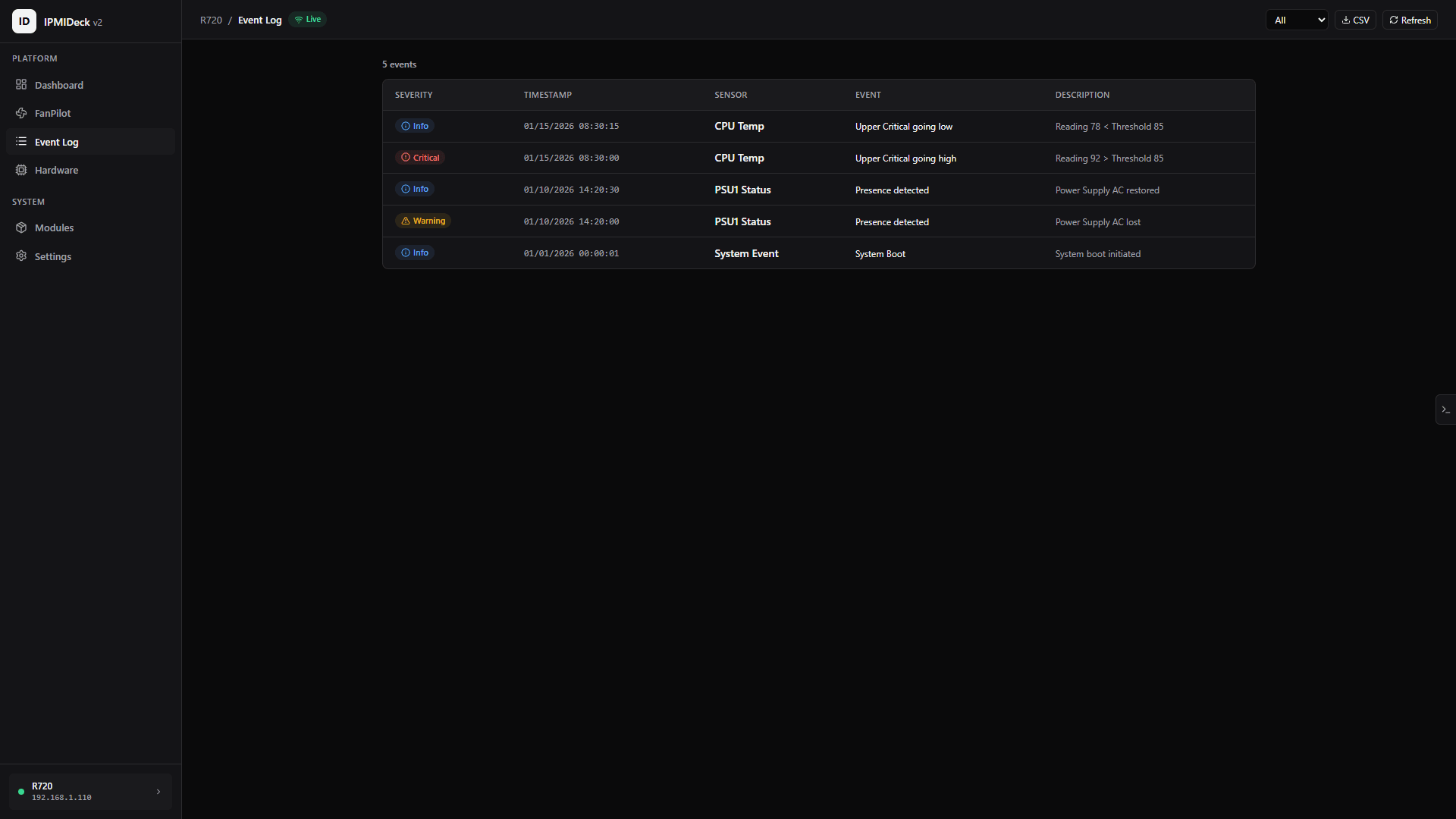 System Event Log table with colour-coded severity badges and export and refresh controls
