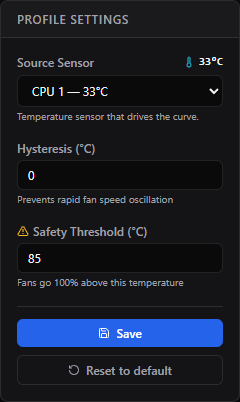The FanPilot control panel showing the safety threshold set to 85°C, with fans forced to 100% once that temperature is reached.