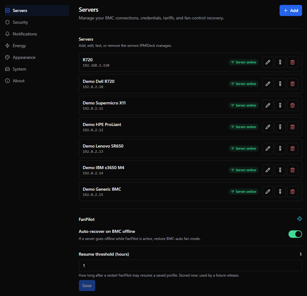 Servers settings page listing every managed BMC with its IP address and an online status badge
