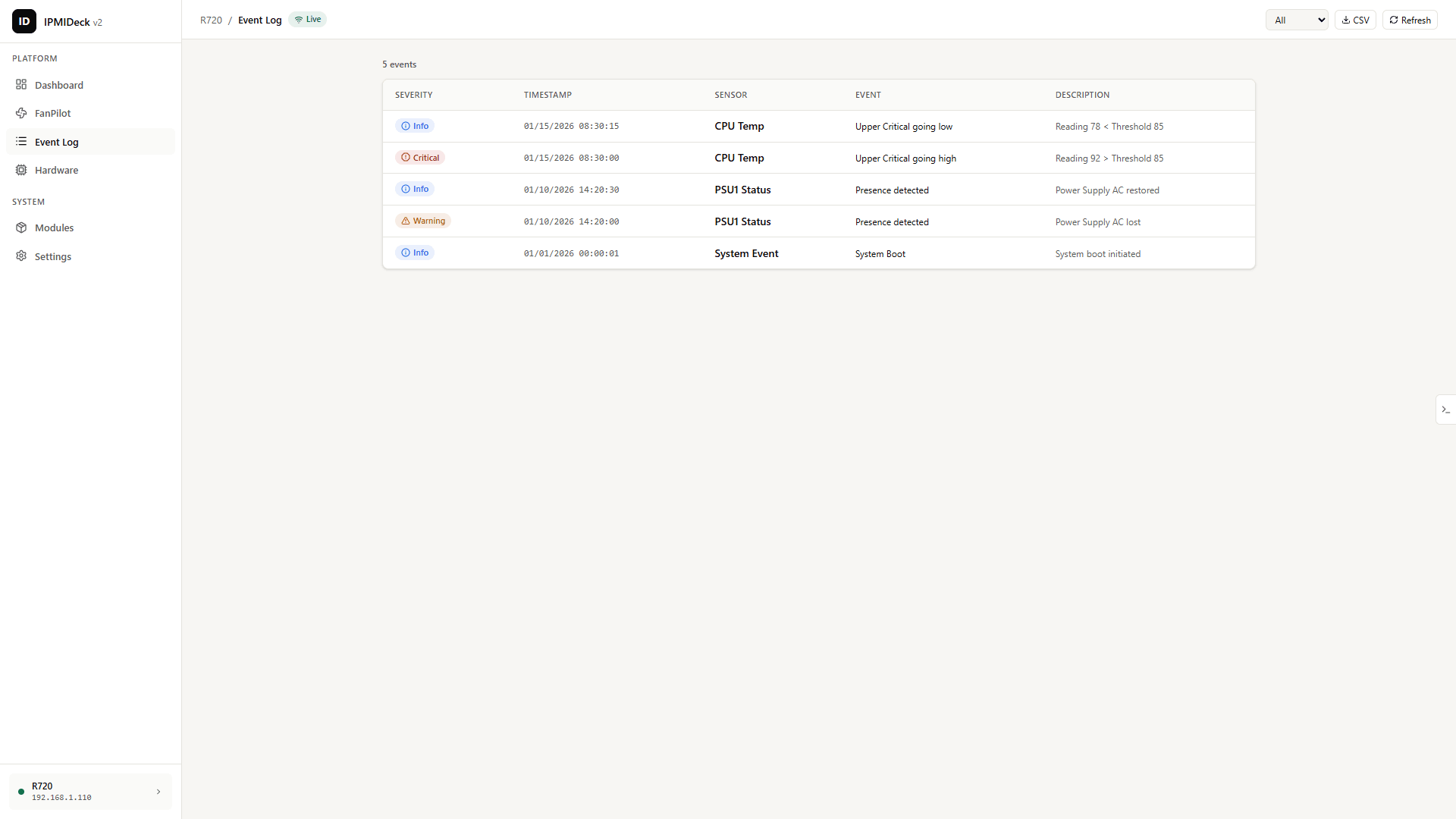 System Event Log table with colour-coded severity badges and export and refresh controls