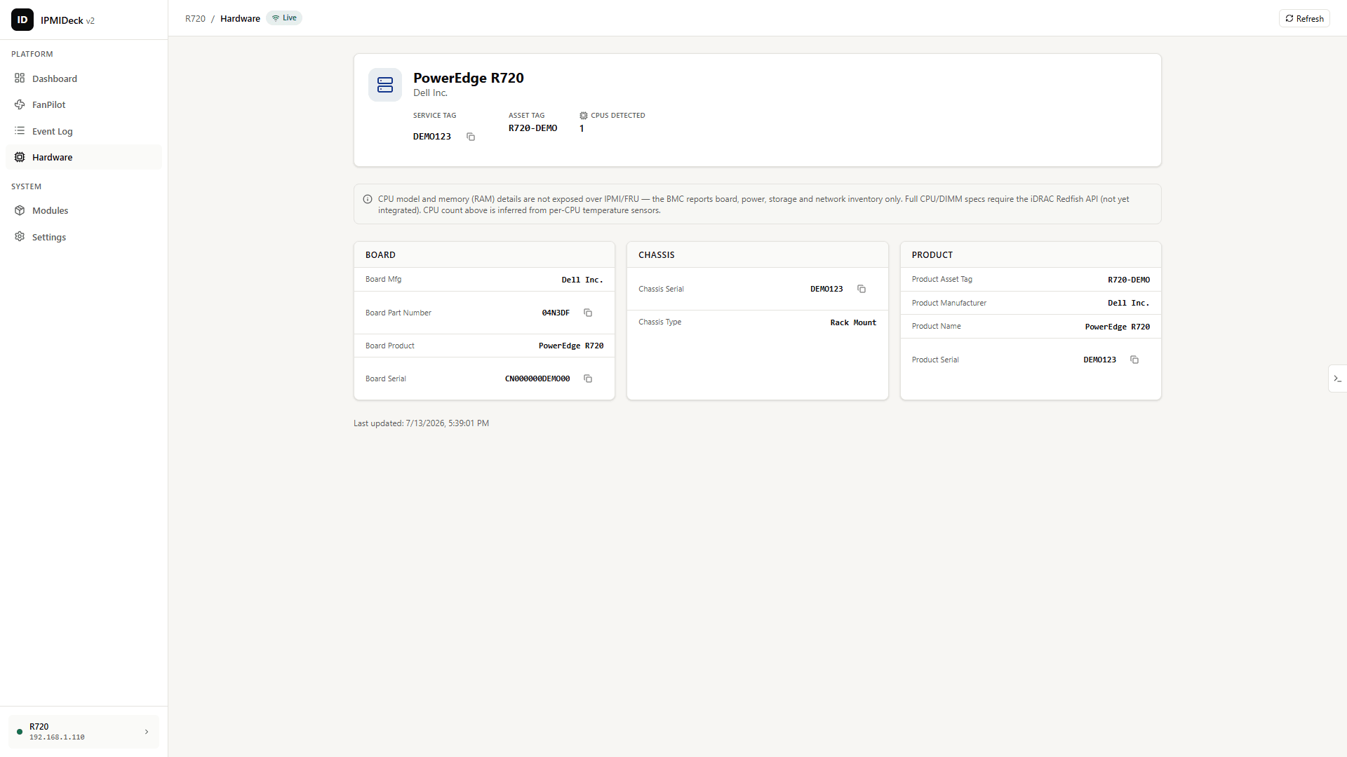 FRU inventory view with a system summary card and per-device cards showing manufacturer, part and serial numbers