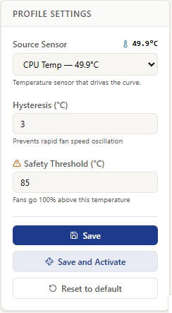 The FanPilot control panel showing the safety threshold set to 85°C, with fans forced to 100% once that temperature is reached.