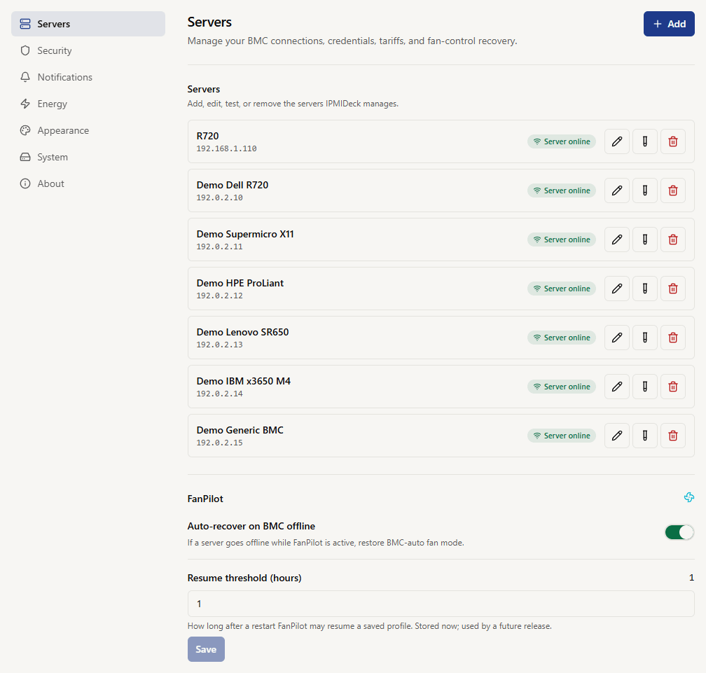 Servers settings page listing every managed BMC with its IP address and an online status badge