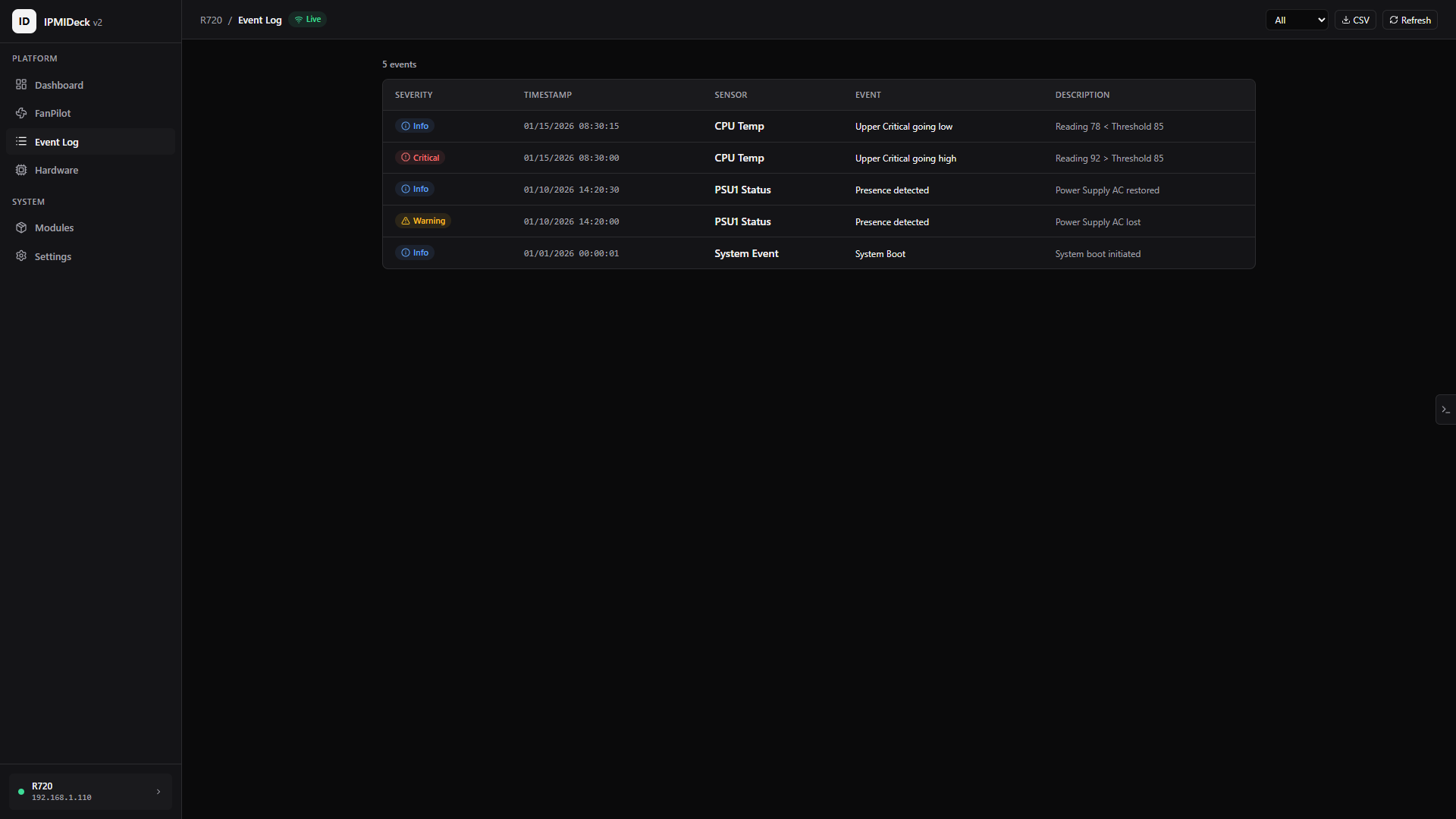 System Event Log, ipmideck screenshot
