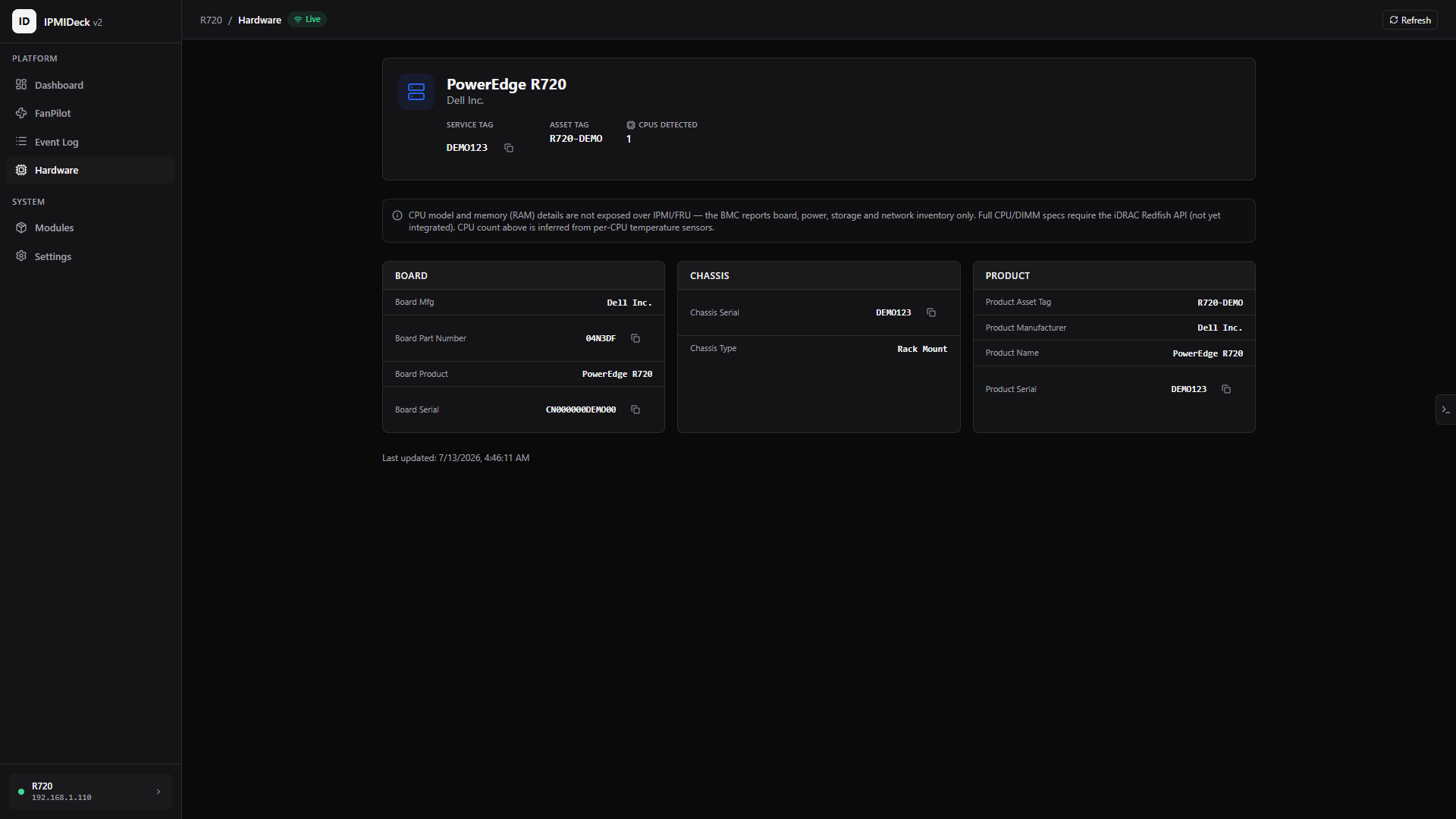 Hardware inventory (FRU), ipmideck screenshot