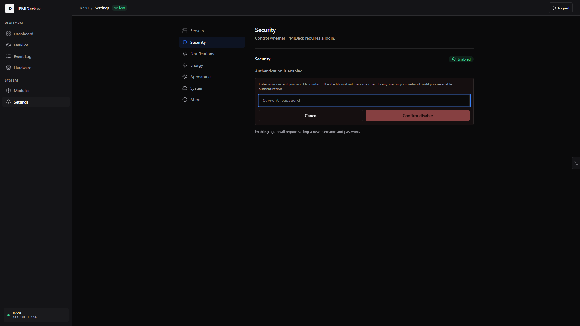Password protection, ipmideck screenshot