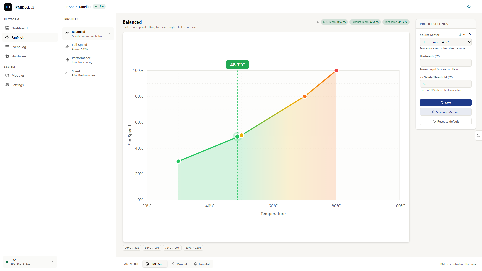 FanPilot fan-curve control, ipmideck screenshot