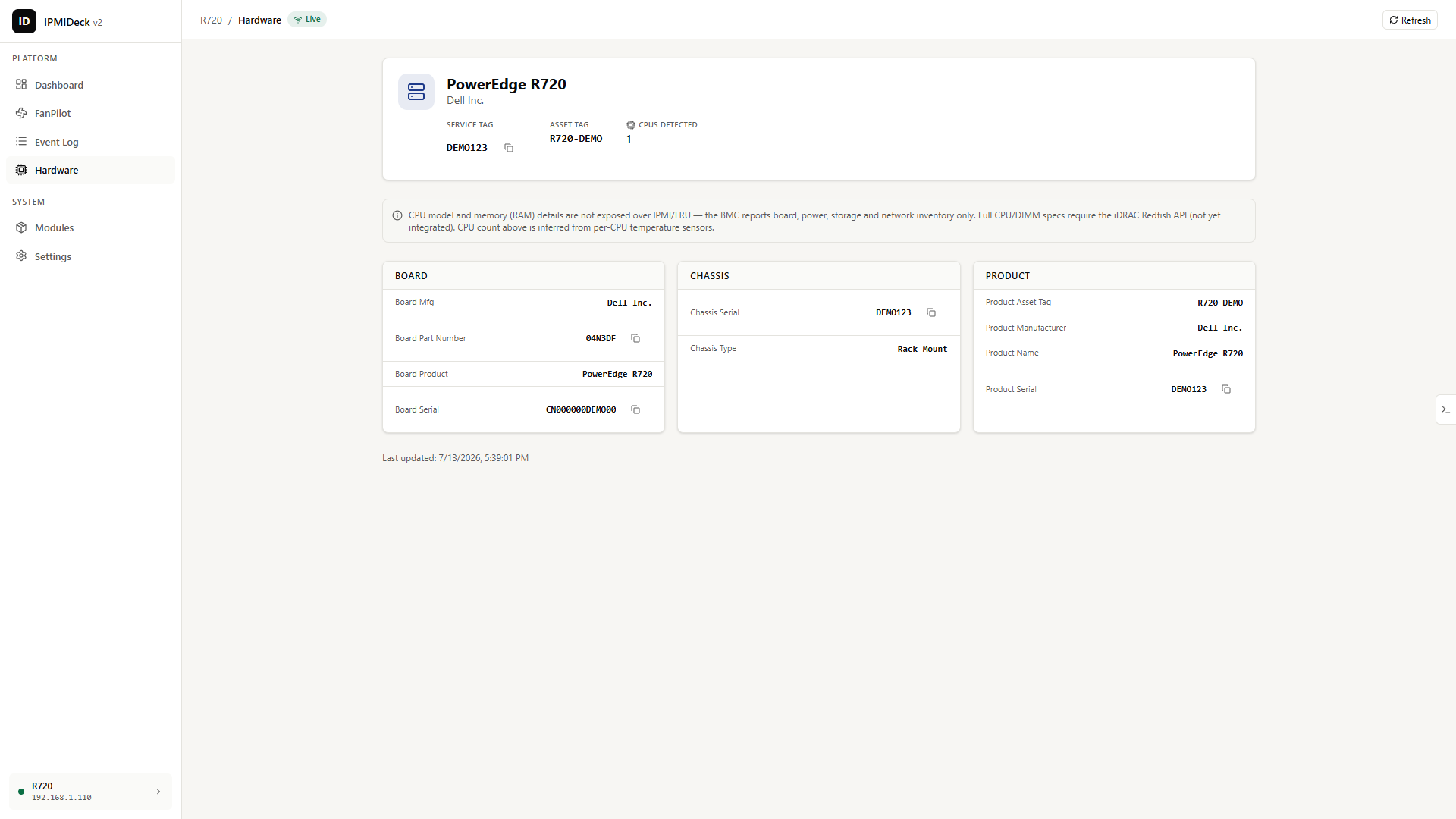 Hardware inventory (FRU), ipmideck screenshot