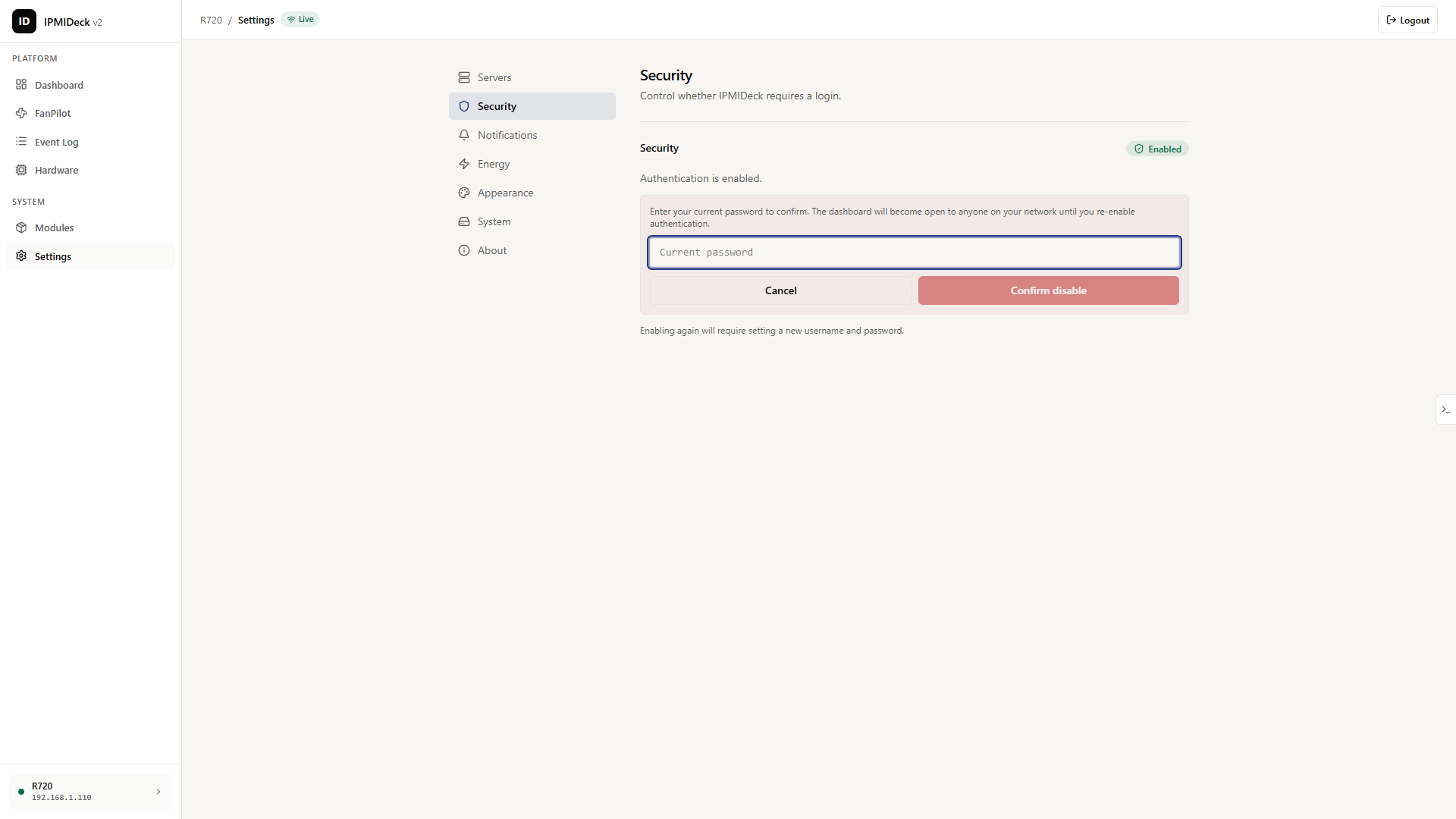 Password protection, ipmideck screenshot